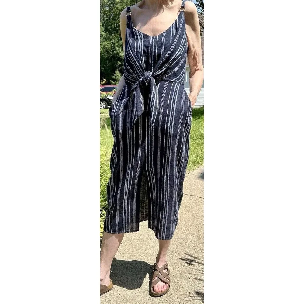 Ellen Tracy Tie Front Linen Blend Dress Size Small Navy White‎ Stripe $129 NWT